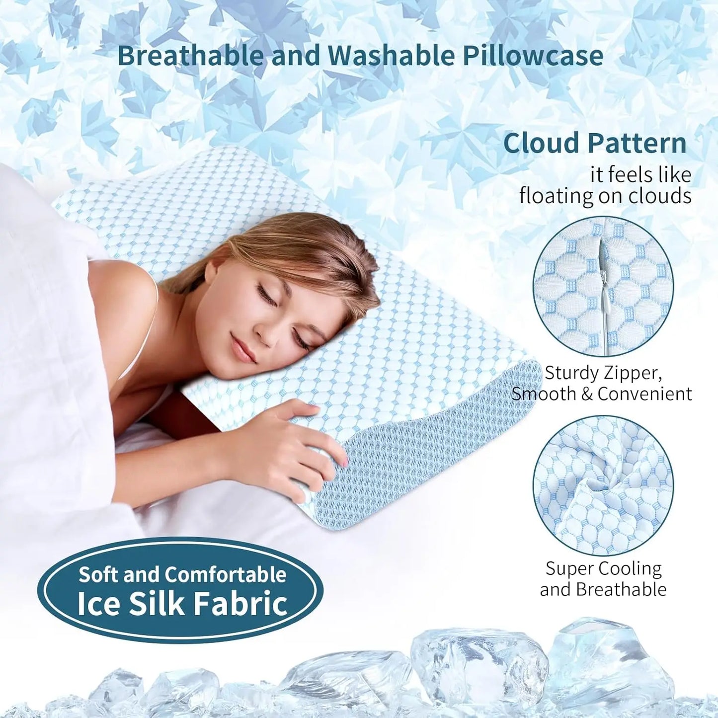 Woman sleeping with a breathable and washable pillowcase featuring ice silk fabric, cloud pattern, and cooling properties.