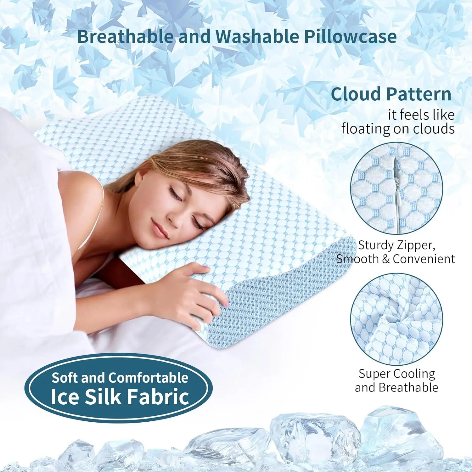 Woman sleeping with a breathable and washable pillowcase featuring ice silk fabric, cloud pattern, and cooling properties.