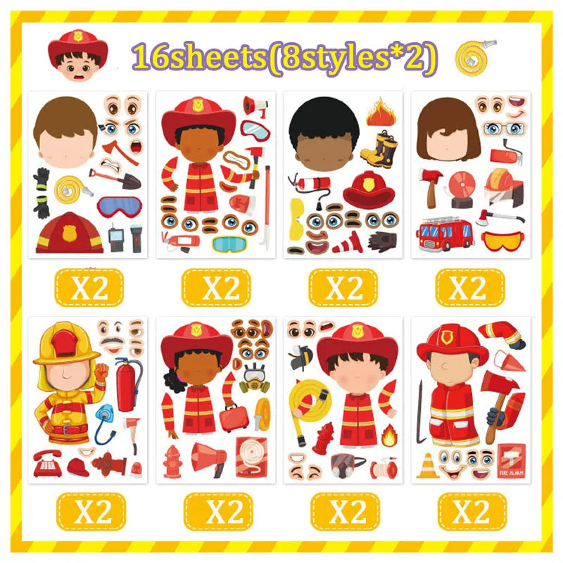 Make Fire Engine Stickers Kid DIY Toys Create Own Fireman Face