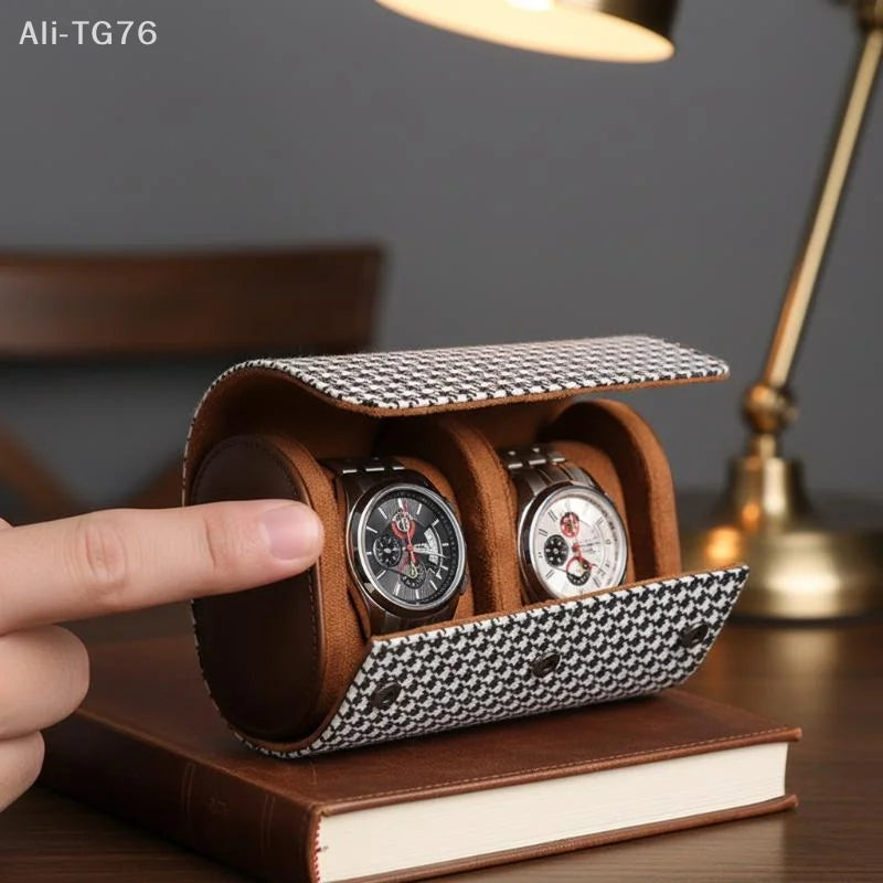 Houndstooth PU Leather Watch Roll Travel Case | 1-3 Slots