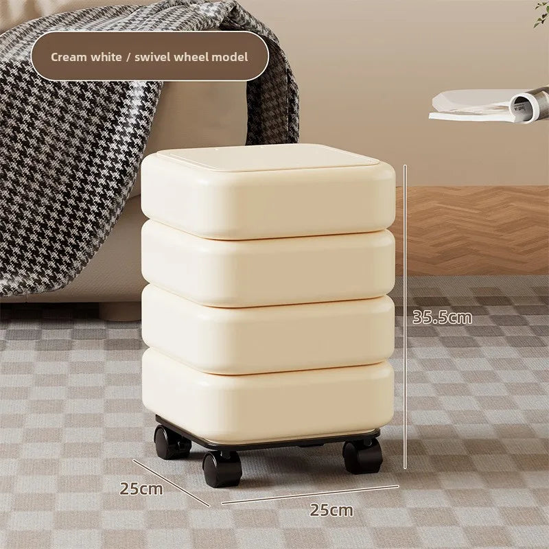Cartoon Trash Bin with Lid Large Capacity Multi-Functional Mobile Wastebasket Modern Household Storage Organizer Wheels Peaceful Pleasures Health and Wellness White with Wheels