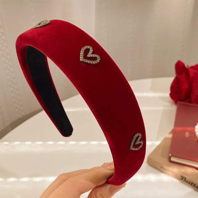 Fashion Lady Hair Hoop Velvet Heart Shape Rhinestone Headband Female