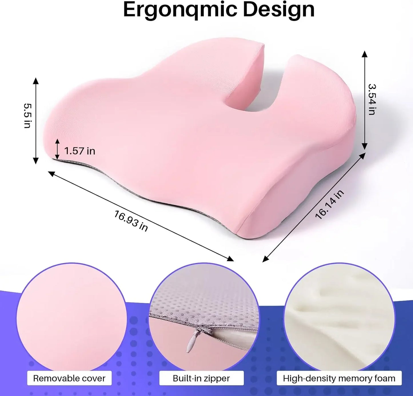 Large Memory Foam Seat Cushion for Office Chair, Car & Wheelchair - Tailbone Pain Relief & Back Support in Pink Peaceful Pleasures Health and Wellness