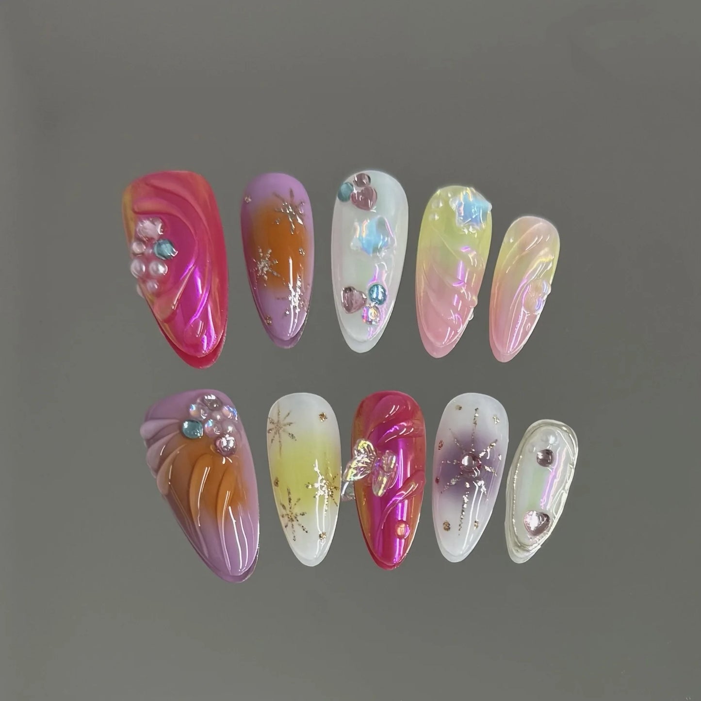 10pcs Handmade Press on Nails Sweet Cool Aurora Butterfly Star Fake Nail Tips Wearable Summer Spice Girls Almond False Nails Peaceful Pleasures Health and Wellness