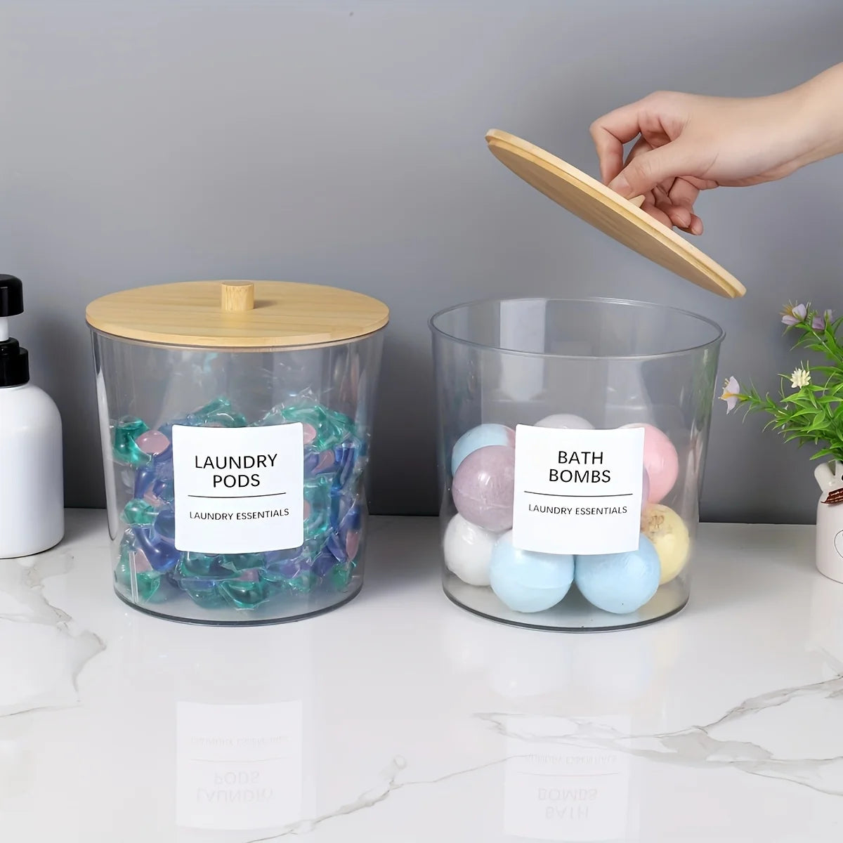 2pc Laundry Detergent Storage Jars with Labels – Plastic Washing Powder & Laundry Pod Container Set