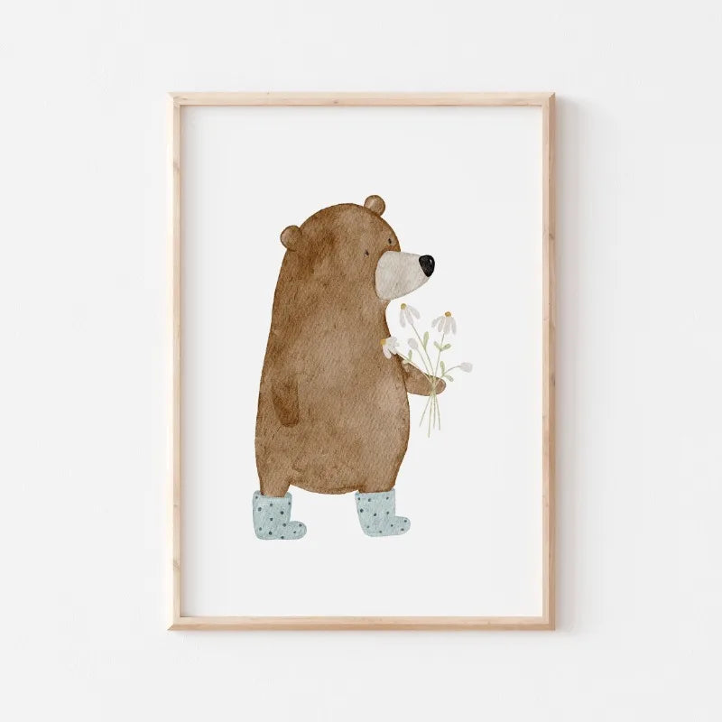 Cute Bear Cartoon Canvas Wall Art for Kids Nursery Room Decor