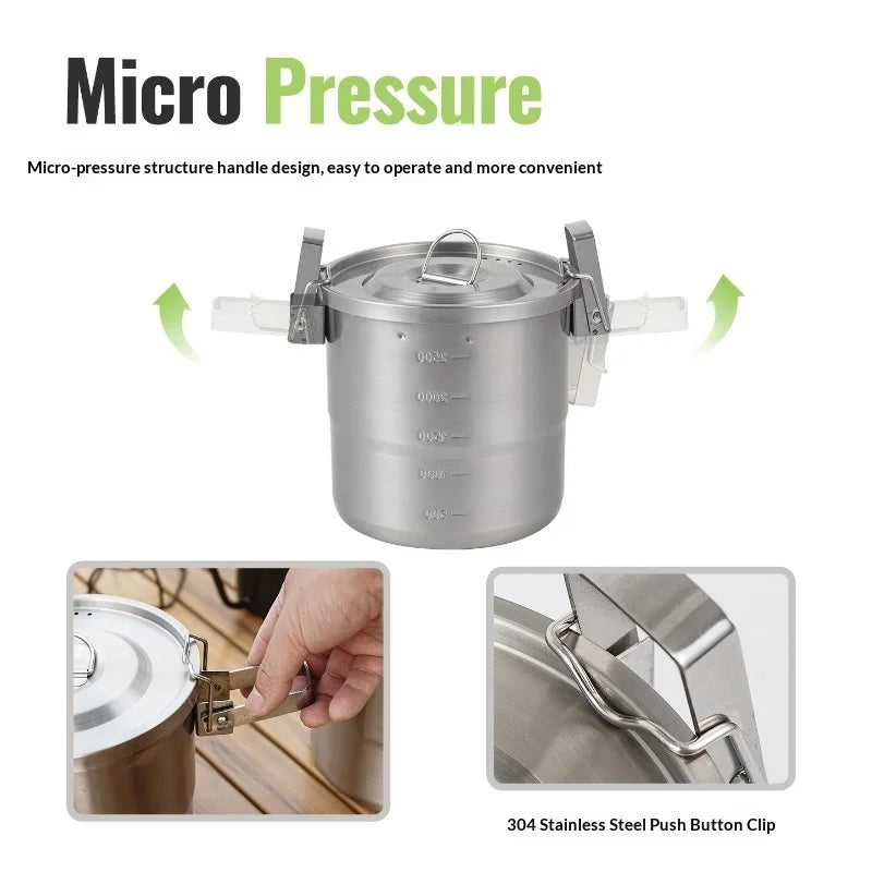 New Stainless Steel Micro-Pressure Camping Pot Home Outdoor Foldable Portable Cooking Pot with Lid, Compatible with Most Stoves Peaceful Pleasures Health and Wellness