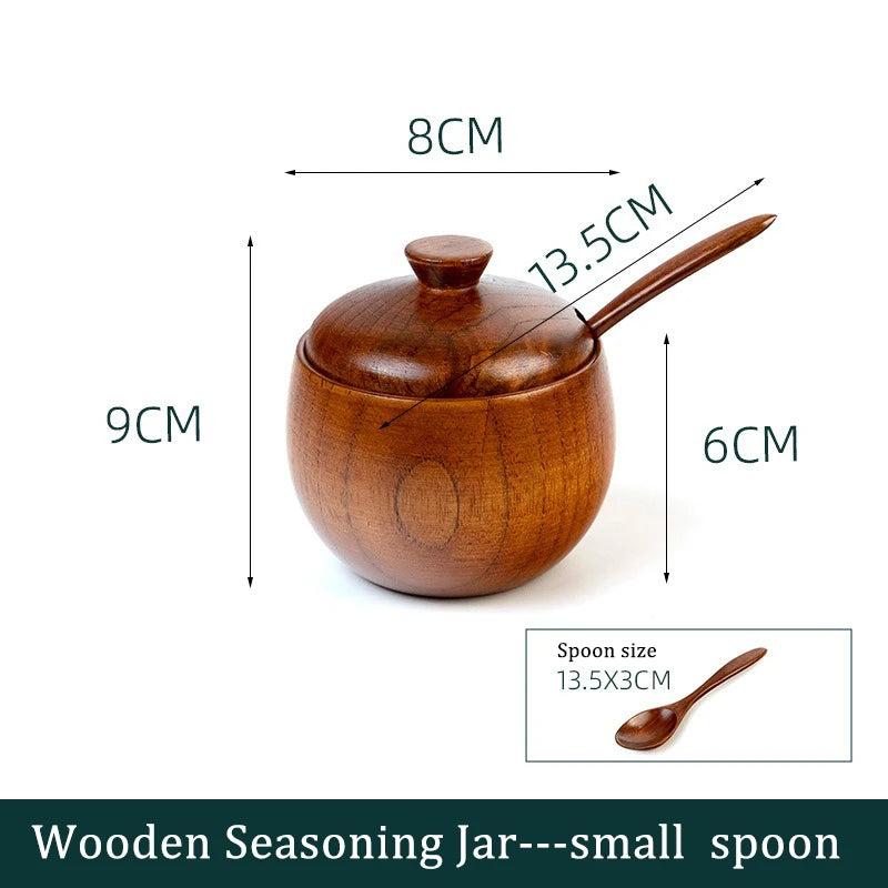 Wooden Seasoning Jar Creative Kitchen Retro Salt Sugar Pot Seasoning Storage Jar With Lid Spoon Wooden Tray Storage Containers Peaceful Pleasures Health and Wellness 1pc small