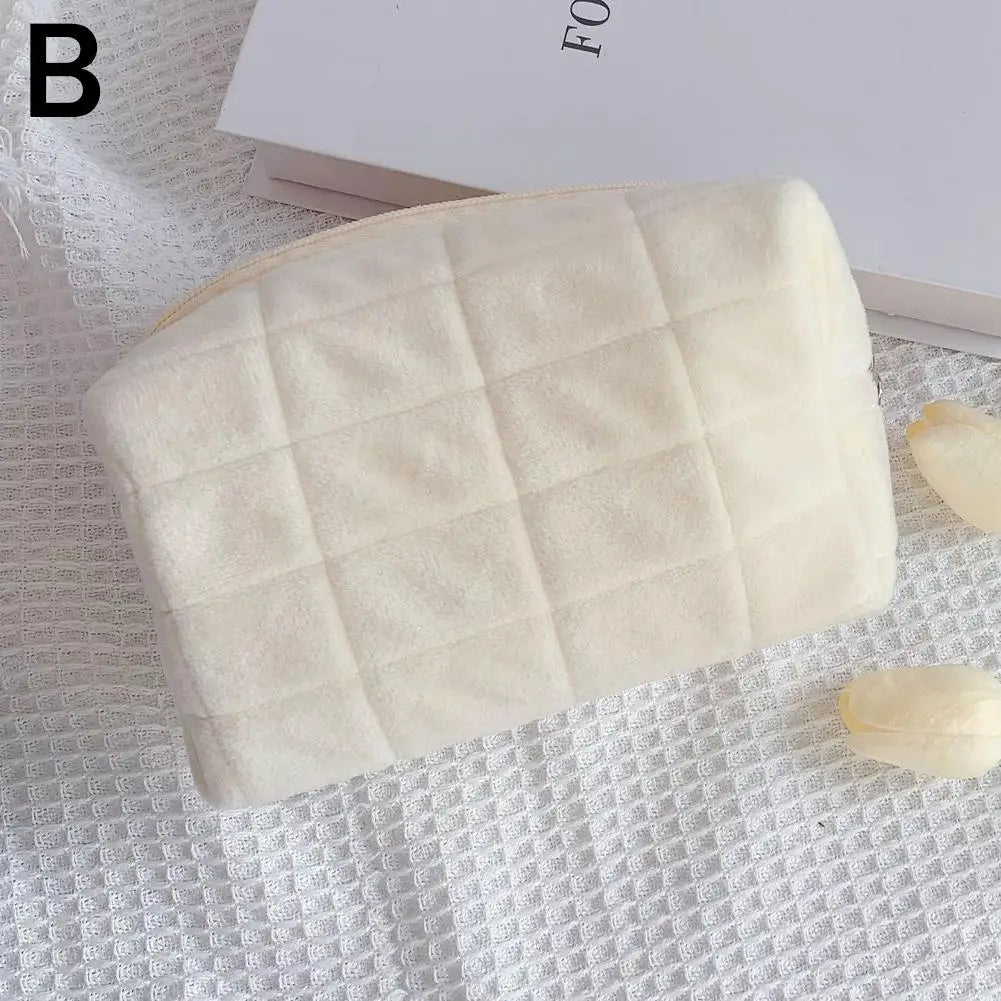 Cute Soft Plush Small Cosmetic Bag Portable Travel Pouch Solid Color Zipper Toiletry Storage Organizer for Women Makeup Bag Peaceful Pleasures Health and Wellness white