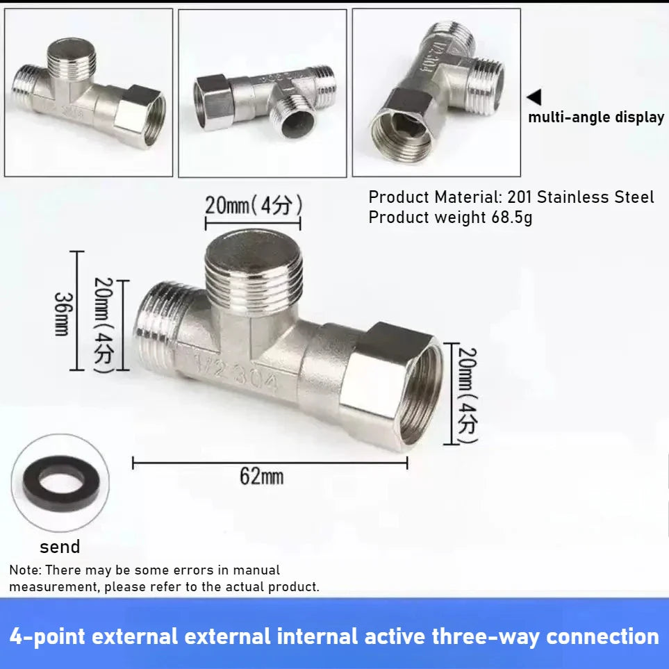 G1/2 Stainless Steel 3-Way T-Adapter Shower Water Splitter Valve