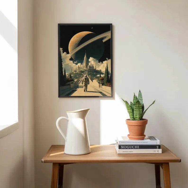 Retro Astronaut Saturn Sci-Fi Space Canvas Wall Art Print