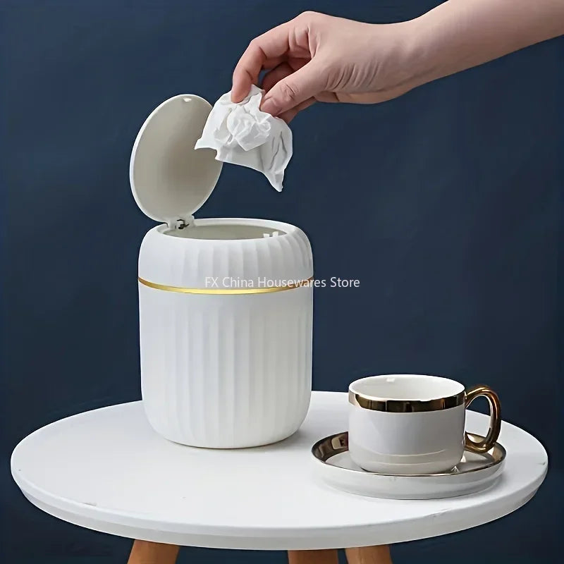 Mini Desktop Trash Can with Lid Elegant Plastic Waste Bin Portable Round Garbage Bin for Office Desk, Bedroom Vanity Peaceful Pleasures Health and Wellness