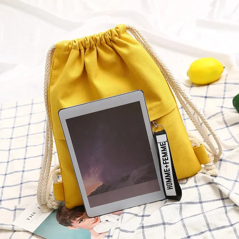 Canvas School Bag Double Shoulder Drawstring Backpack Pocket Portable