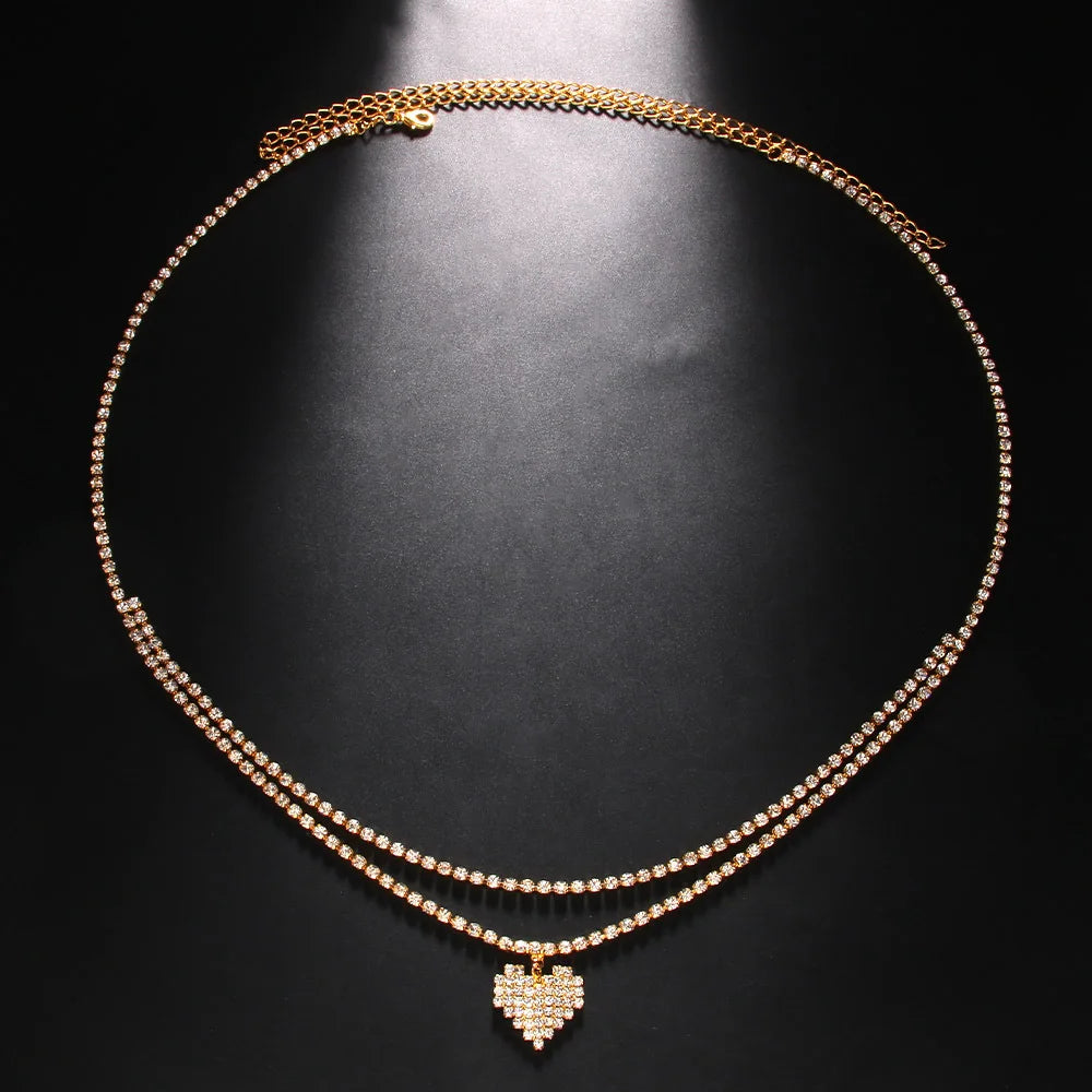 Rhinestone Heart Belly Chain | Double Row Crystal Waist Belt Belly Chain Jewelry Peaceful Pleasures Health and Wellness Light Yellow Gold Color