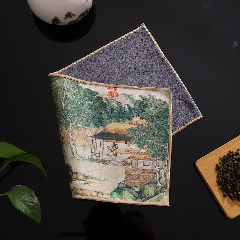 Chinese Painted Tea Towel | Super Absorbent Tea Set Cloth Tea Set Towel Peaceful Pleasures Health and Wellness