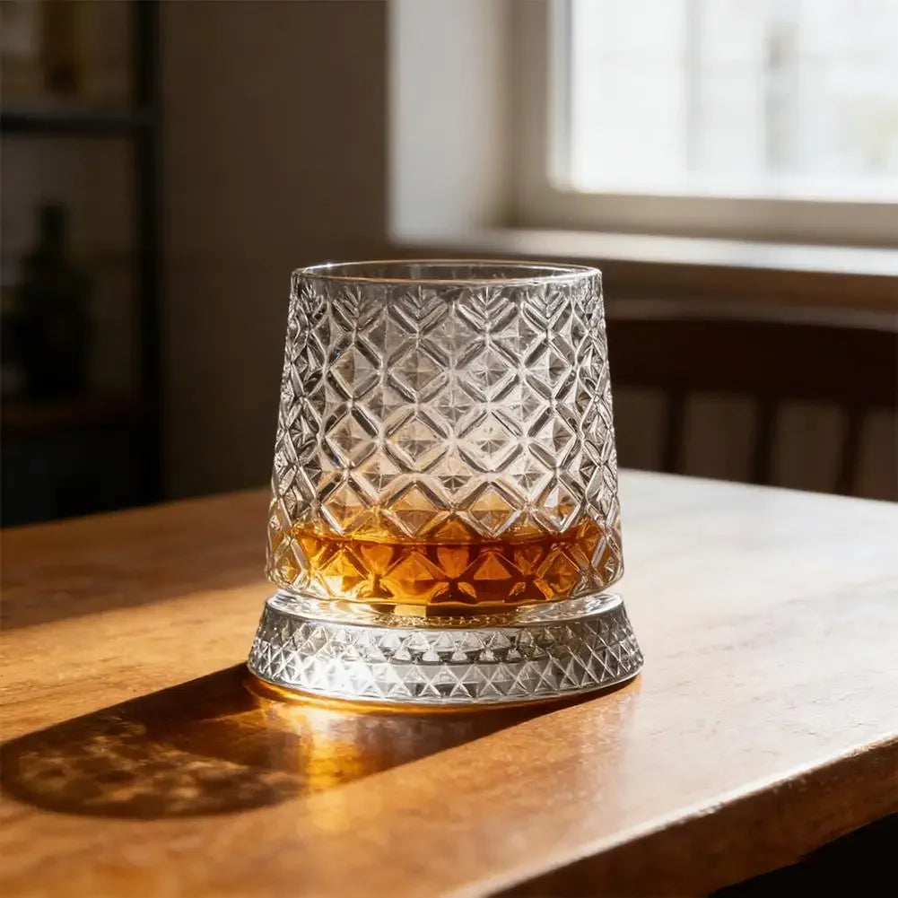 280ml Glass Cup with Base Crystal Rum Whiskey Rotating Glass Mug Diamond Cut Ice Flower Bubble Pattern Spinner Cup Business Gift Peaceful Pleasures Health and Wellness