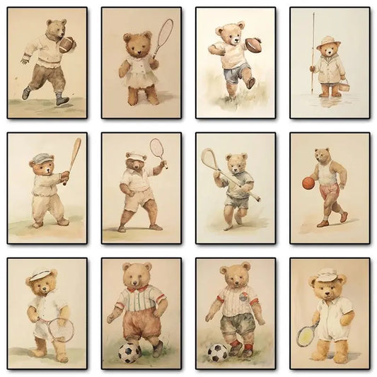 Watercolor Teddy Bear Sports Canvas Wall Art | Kids Nursery Decor Canvas Wall Art Peaceful Pleasures Health and Wellness