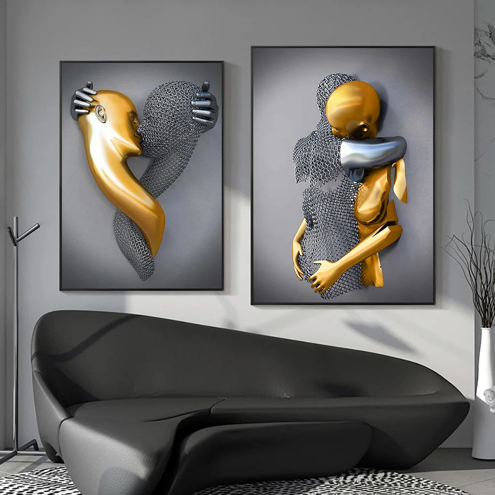 Metal Figure Golden Statue Art Canvas Painting Romantic Abstract Lovers Posters and Prints Wall Pictures Modern Home Decor Gifts Peaceful Pleasures Health and Wellness