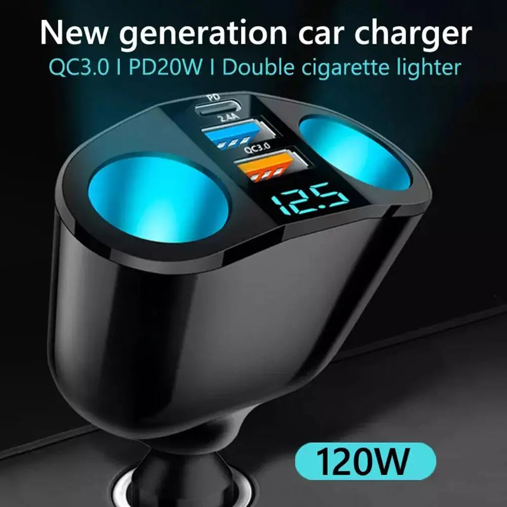 120W Car Charger USB-C QC3.0 Dual USB with LED Voltage Display