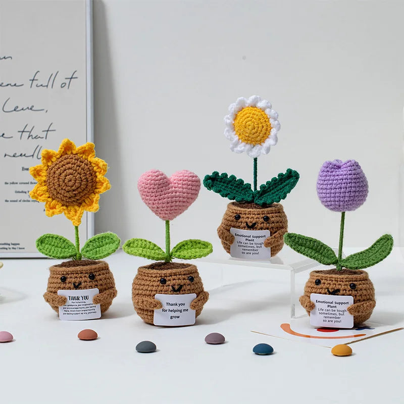 Crochet Sunflower Pot Ornament | Handmade Gift with Positivity Card