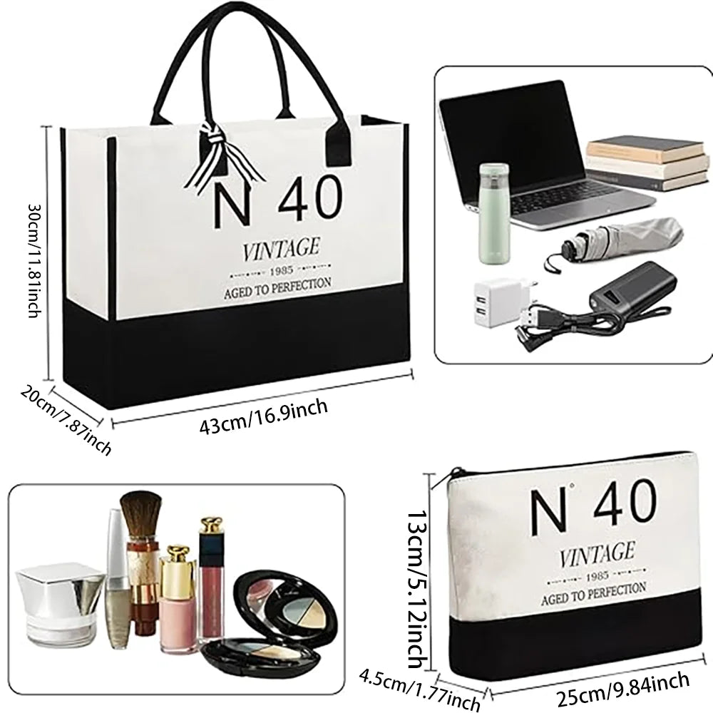40th Birthday Canvas Tote & Cosmetic Bag Gift Set for Her Birthday Gift Tote Set Peaceful Pleasures Health and Wellness