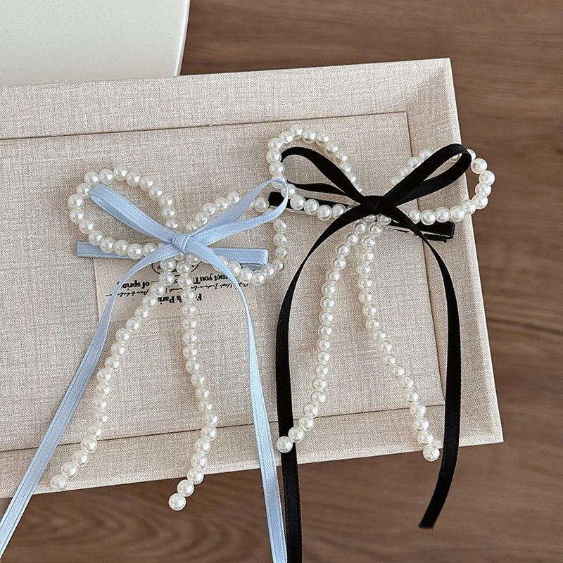 Fairy Ribbon Bow Pearl Hairpin for The Back of The Head New Girlish Heart Side Clip New Simplicity Fresh and Sweet Duckbill Clip Peaceful Pleasures Health and Wellness