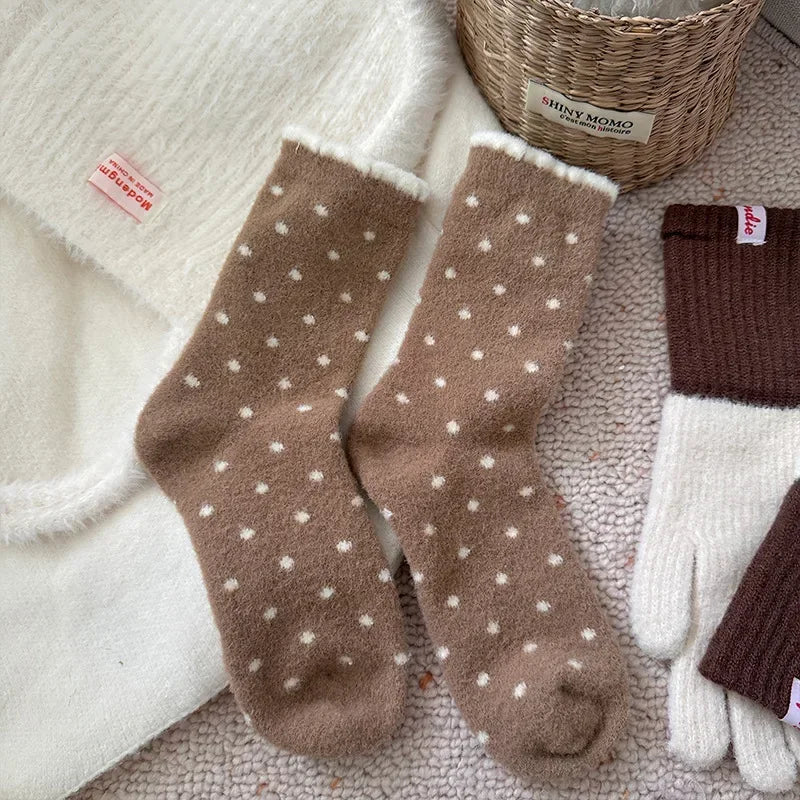 Fashion Autumn Winter Warm Thick Floor Socks with Velvet Dots Australian Fleece Home Cute Confinement Socks Versatile Floor Sox Peaceful Pleasures Health and Wellness Beige One Size