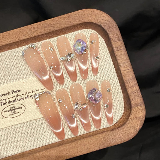 French Smile Cat Eyes Handmade Press on Nails Gradient Sparkling Diamond Decor Fake nails For Lady Bride Wearable False Nails Peaceful Pleasures Health and Wellness XS