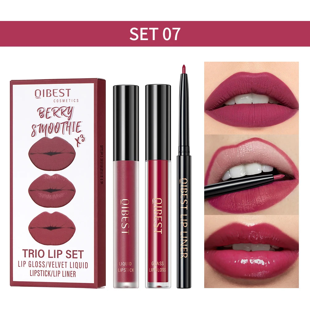QIBEST Hots 3pcs Liquid Lipstick And Lip Liner Makeup Sets Nude Velvet Lip Gloss Lip Tint Lasting Black Lip Glaze Cosmetics Kits Peaceful Pleasures Health and Wellness SET 07