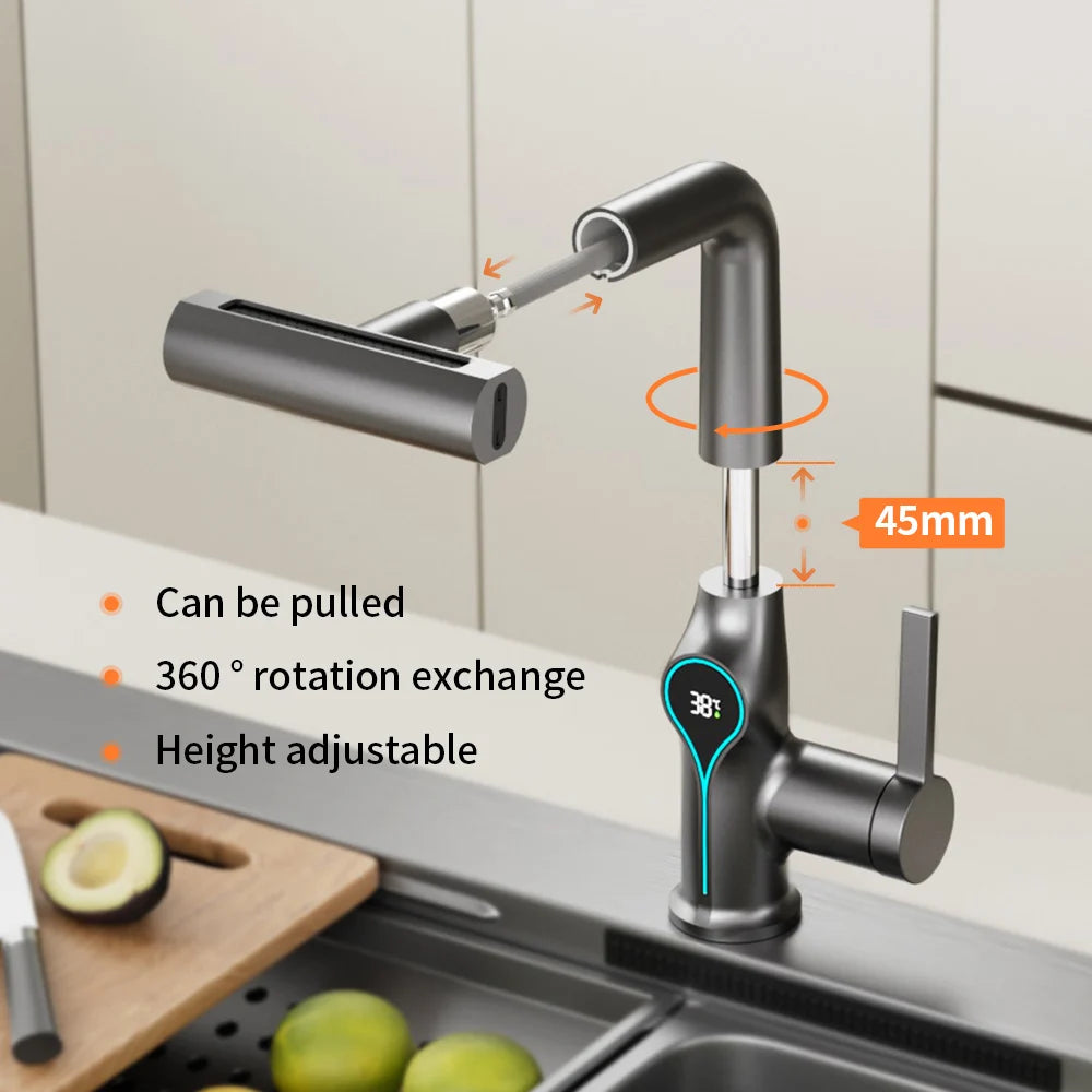 AOGUTU Waterfall Faucet with Digital Temperature Display | Brass