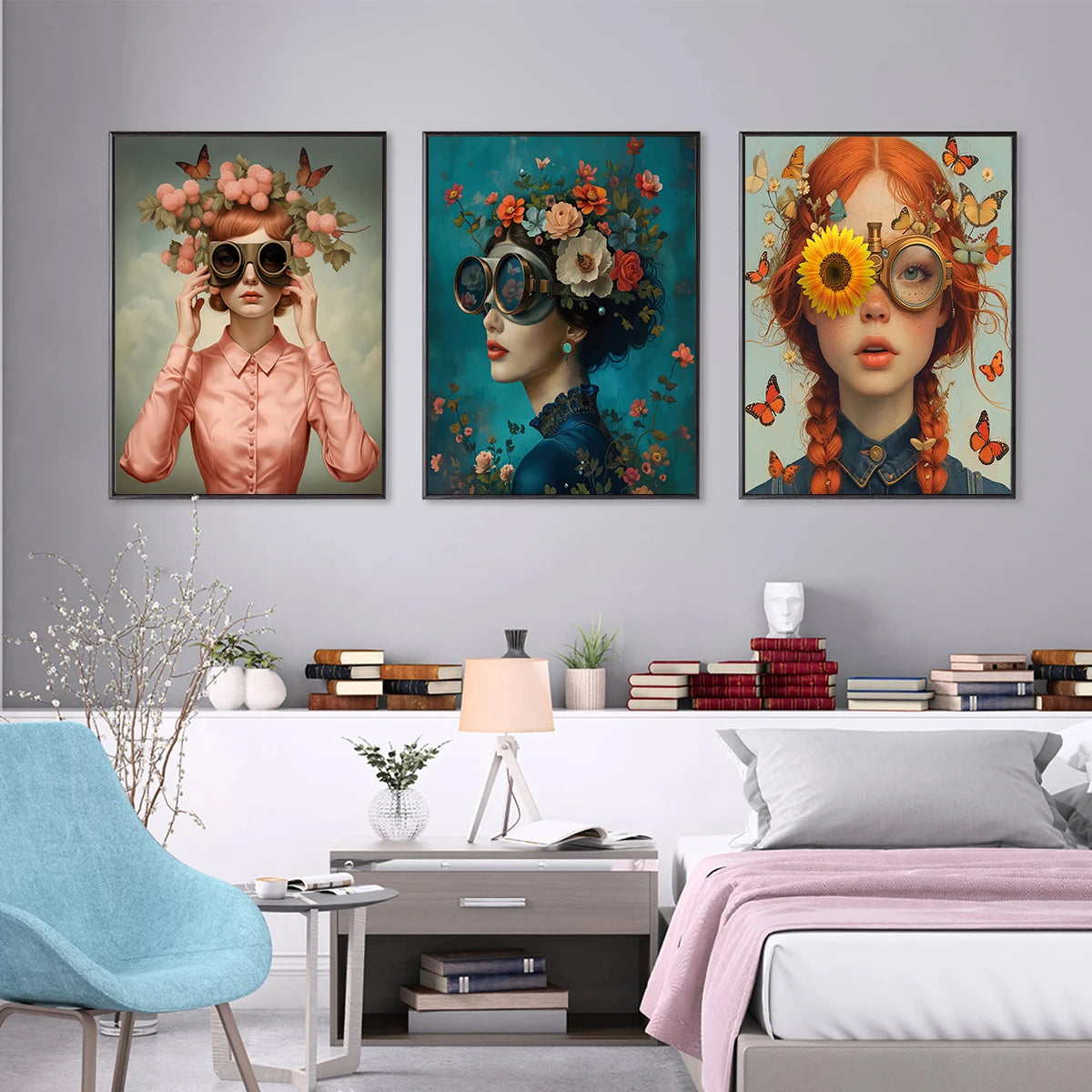 3pcs Nordic Boho Fashion Glasses Woman with Flowers Wall Art Canvas Painting Butterfly Girl Portrait Poster Prints Mural Picture Peaceful Pleasures Health and Wellness ZLH3129-BCD-3PCS 30x40cm Unframed