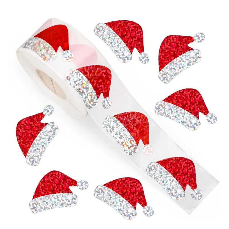 Santa Hat Stickers Roll Self-adhesive Laser Glitter Christmas