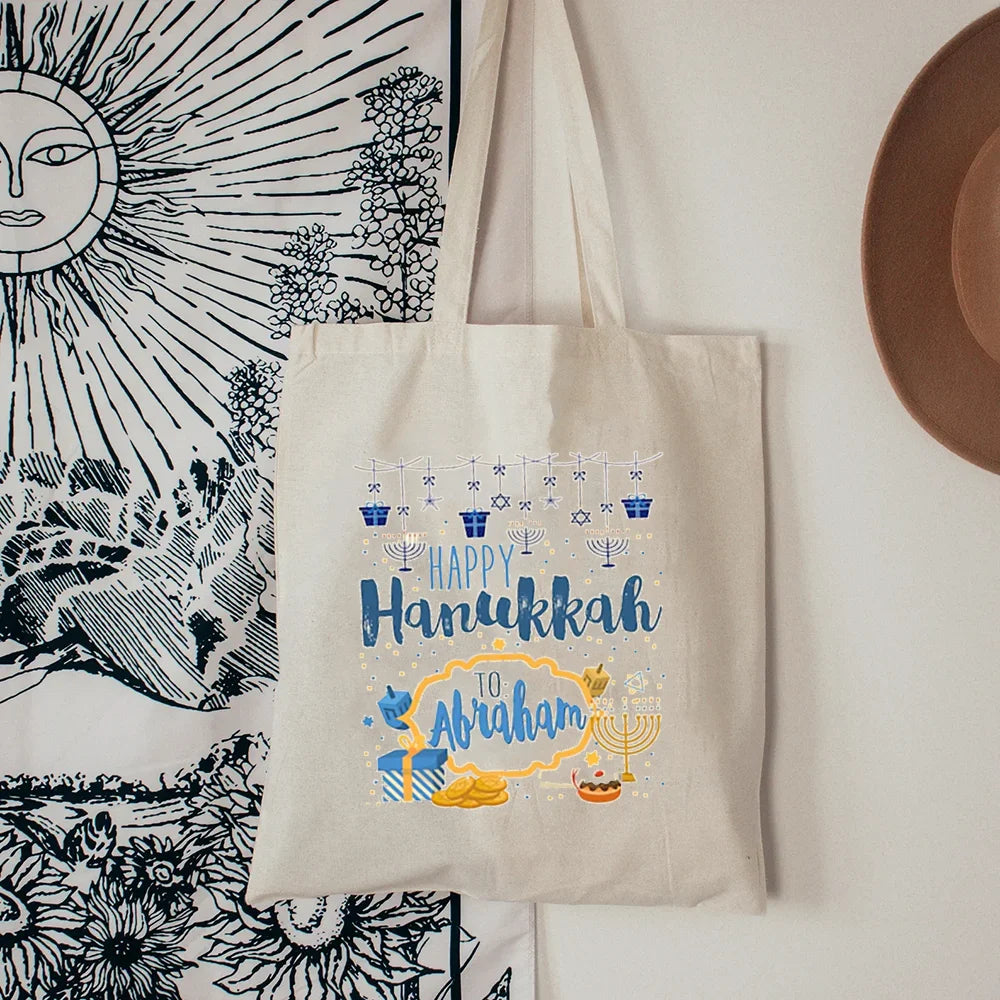 Custom Hanukkah Canvas Tote Bag Chanukah Holiday Gift Bag Shabbat New Year Rosh Hashanah Jewish Holiday Present Party Favors Peaceful Pleasures Health and Wellness