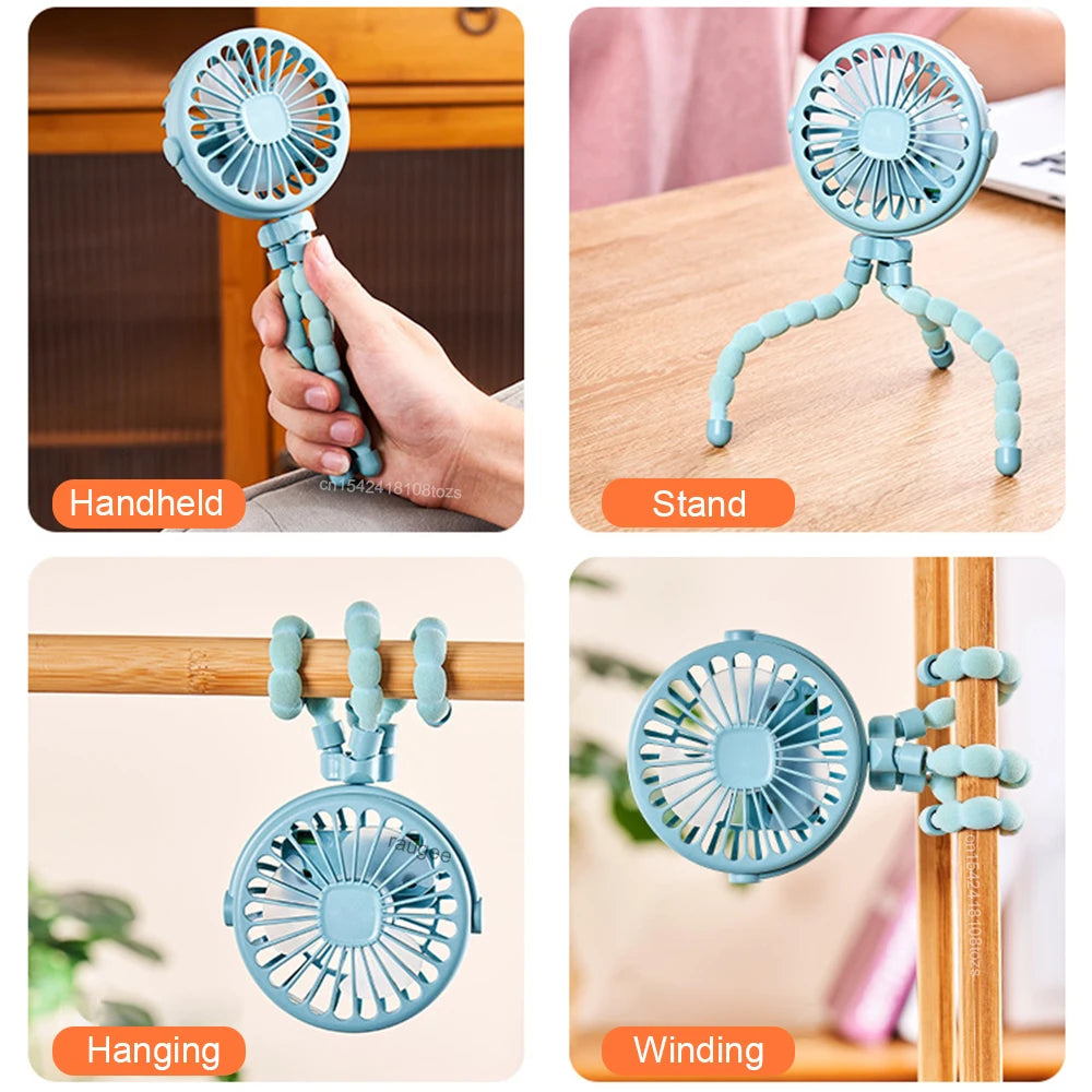Baby Stroller Fan Portable Handheld 360° Rotate Flexible Adjustable Tripod Air Cooling Fan Rechargeable Baby Stroller Clip Fan Peaceful Pleasures Health and Wellness