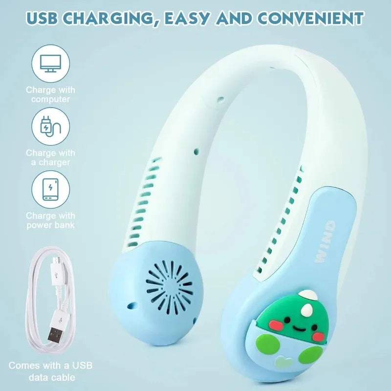 Kids Cartoon Bladeless Neck Fan | 3 Speeds, 1200mAh USB Charge