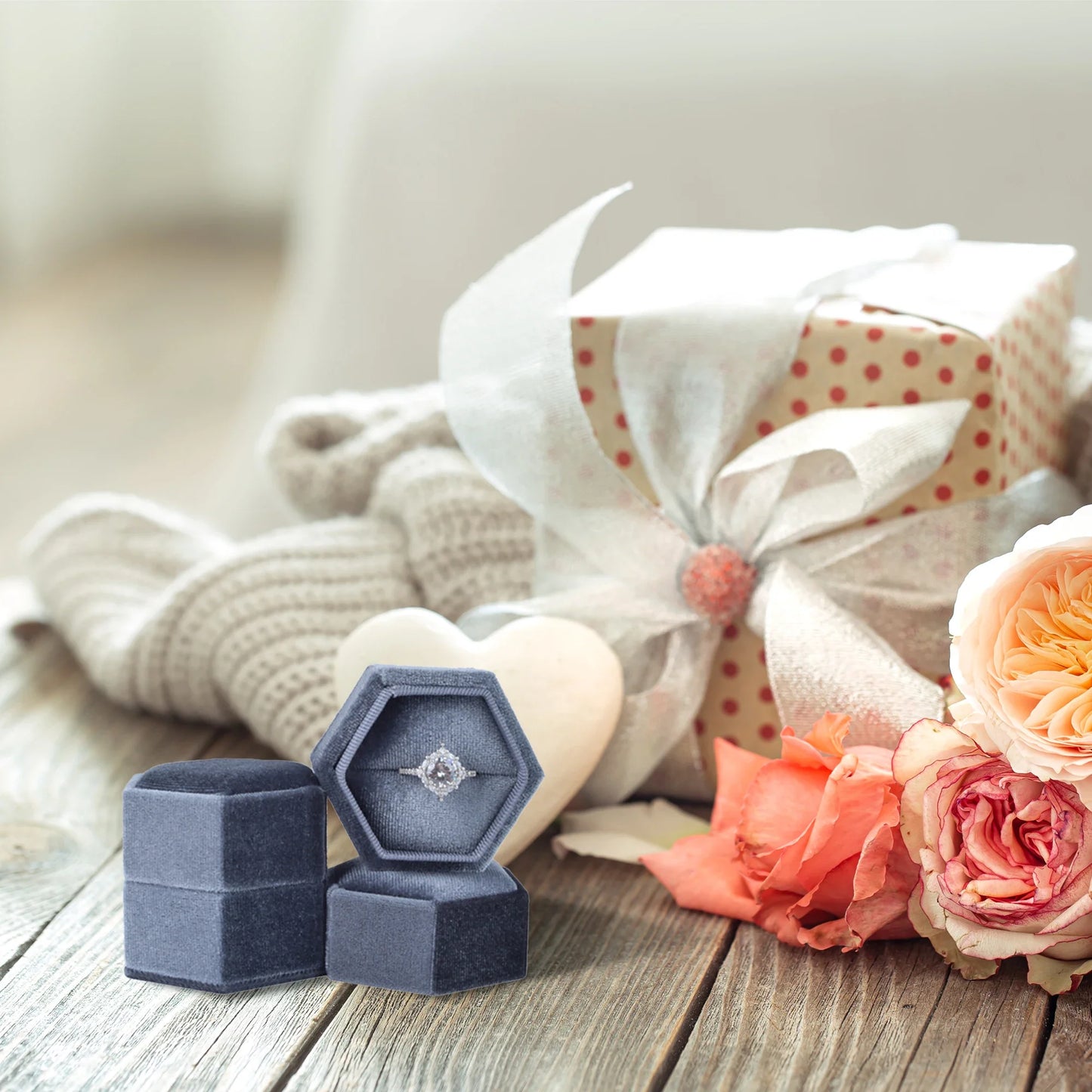 Hexagon Velvet Ring Box with Detachable Lid | Jewelry Holder
