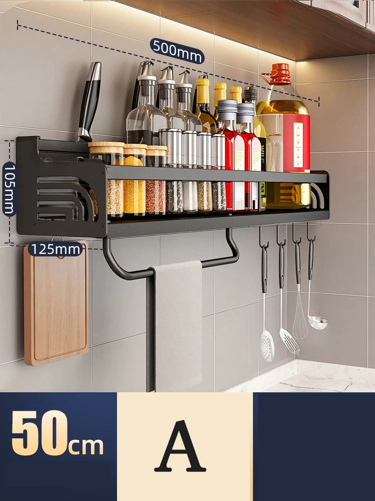 Kitchen Organizer Shelf Wall-mounted Spice Storage Rack Kitchen Knife Holder Wall Seasoning Chopstick Spoon Shovel Storage Peaceful Pleasures Health and Wellness 50CM A