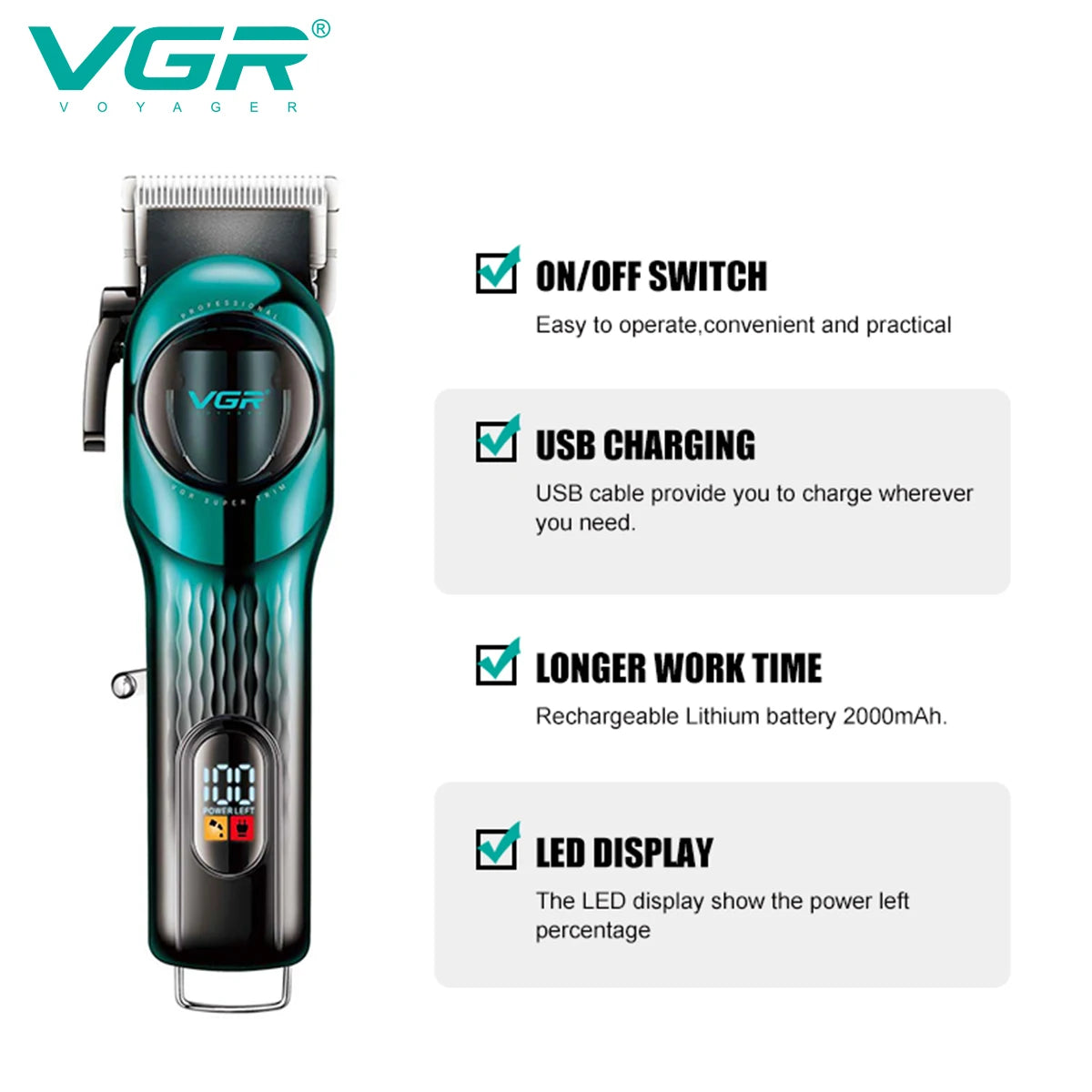VGR 166 professional intelligent digital rechargeable hair clipper with gradient ribbon base adjustable electric push shear Peaceful Pleasures Health and Wellness