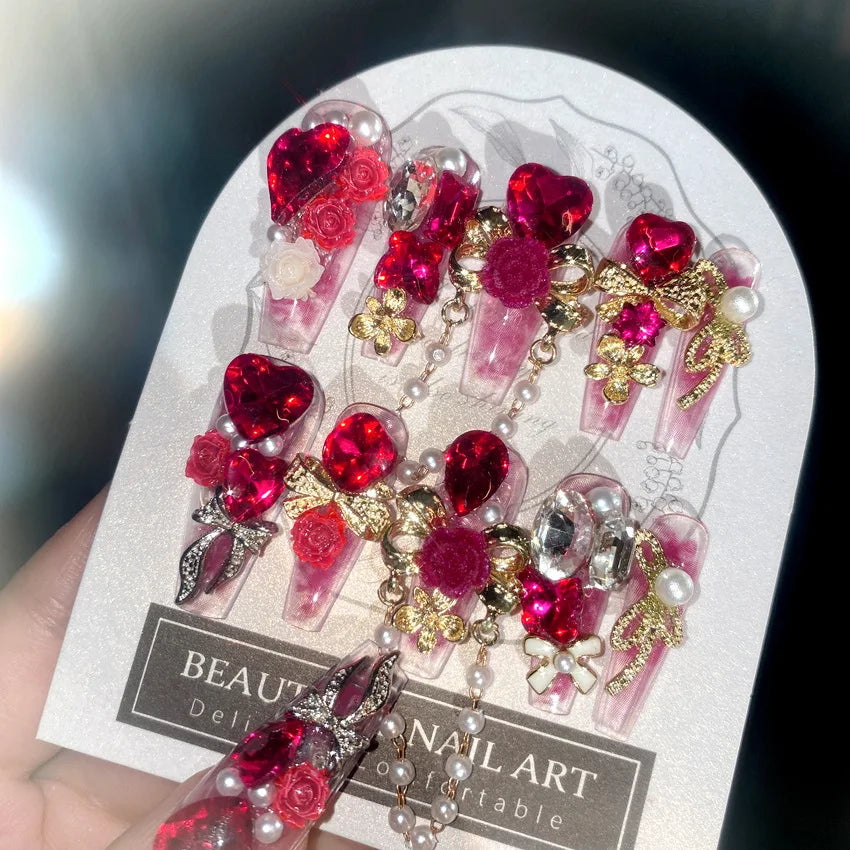 24pcs New Year Heavy Metal Press on Nails Chinese Bride Wedding Fake Nails Full Cover Wearable Shiny Large Crystal False Nails Peaceful Pleasures Health and Wellness
