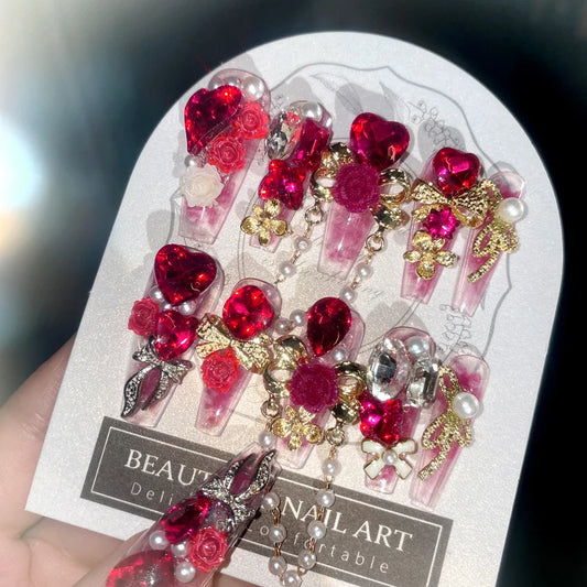 24pcs New Year Heavy Metal Press on Nails Chinese Bride Wedding Fake Nails Full Cover Wearable Shiny Large Crystal False Nails Peaceful Pleasures Health and Wellness