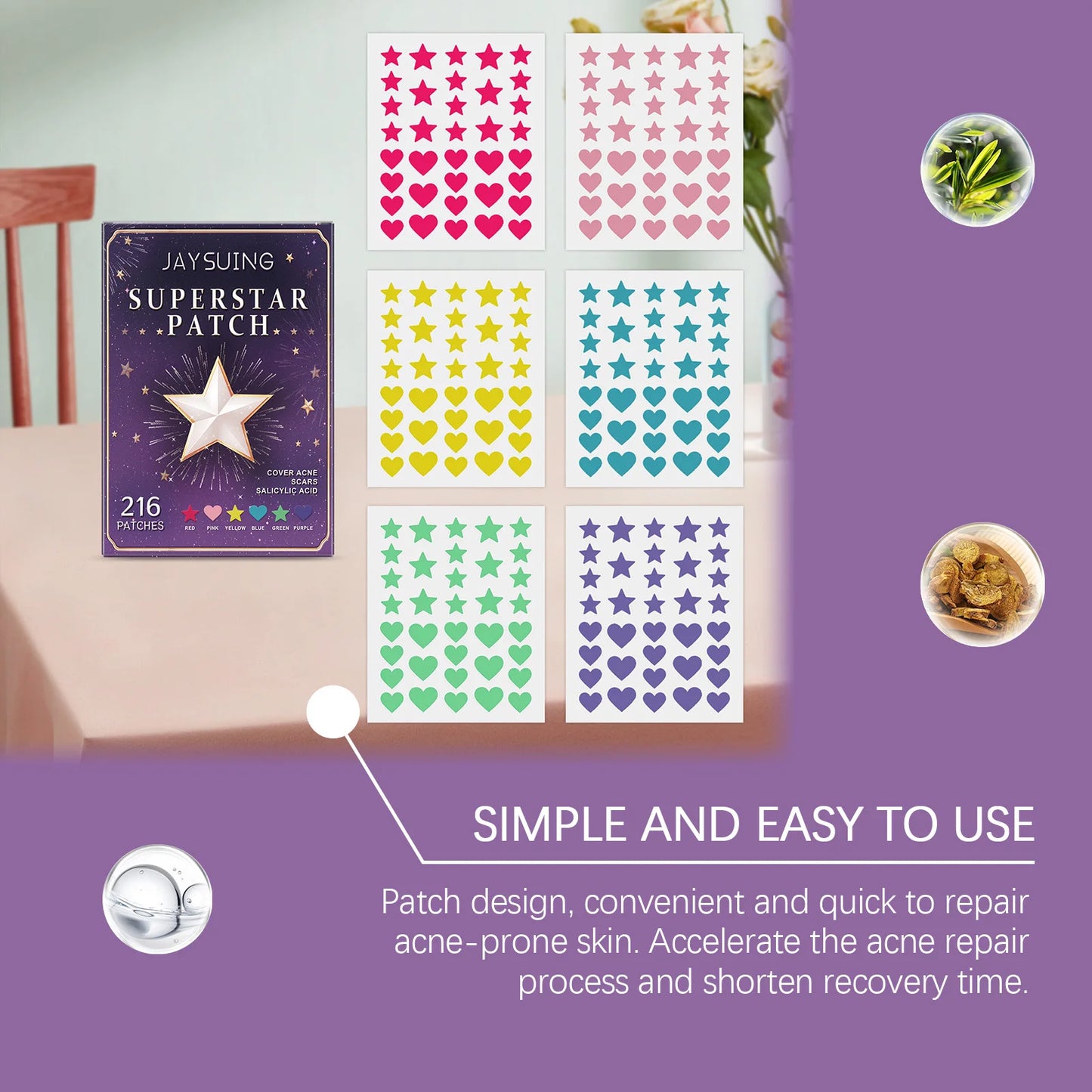 216PCS Starry Multicolor Pimple Patches Facial Cleansing Concealing Acne Blackhead Removal Skincare Hydrocolloid Pimple Patches Peaceful Pleasures Health and Wellness