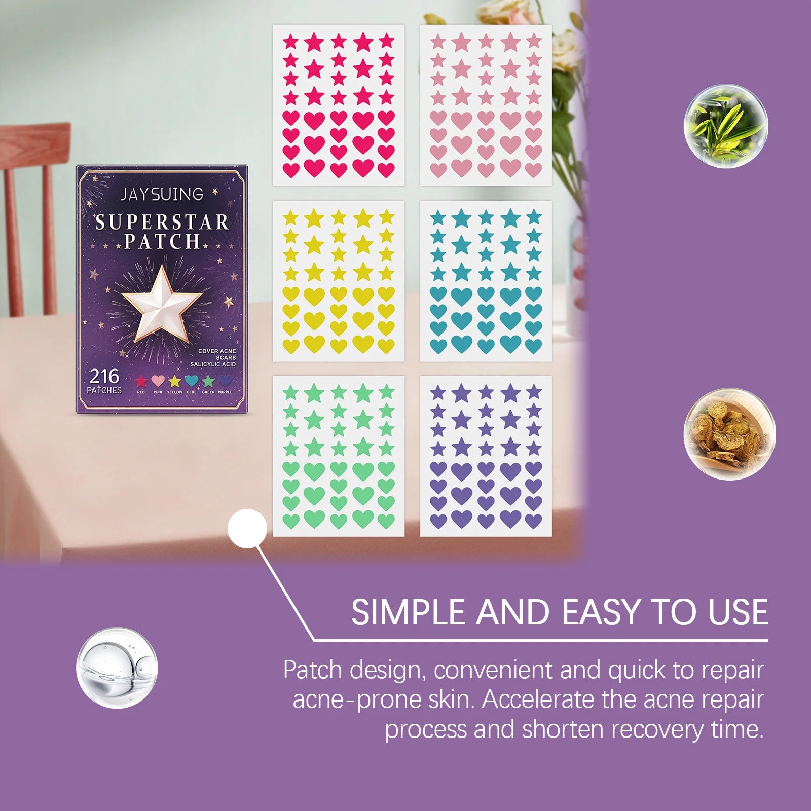 216PCS Starry Multicolor Pimple Patches Facial Cleansing Concealing Acne Blackhead Removal Skincare Hydrocolloid Pimple Patches Peaceful Pleasures Health and Wellness
