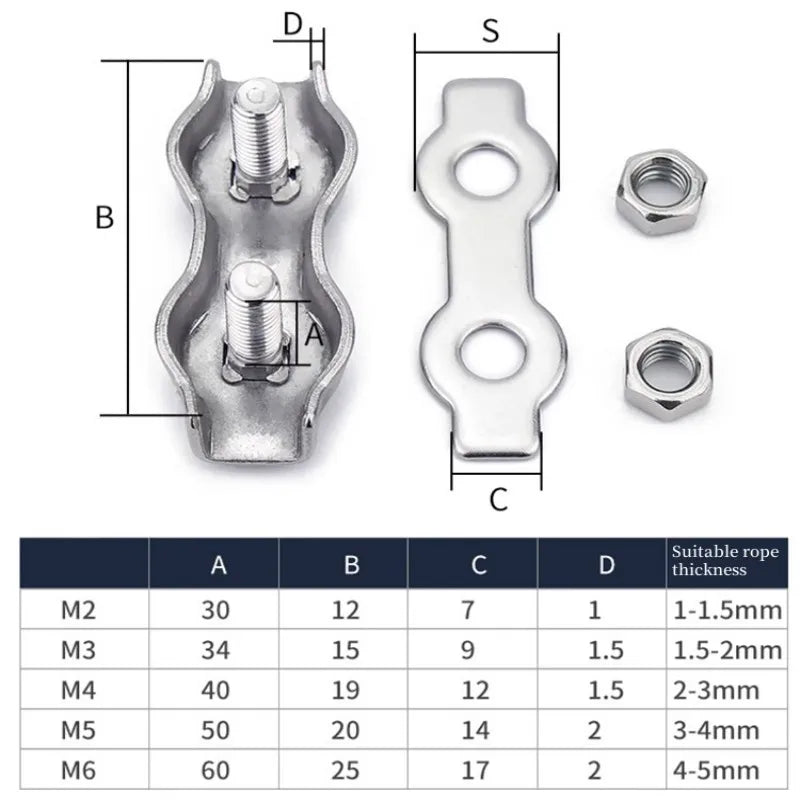 M2–M6 Stainless Steel Double Post Wire Rope Cable Clamp Clip
