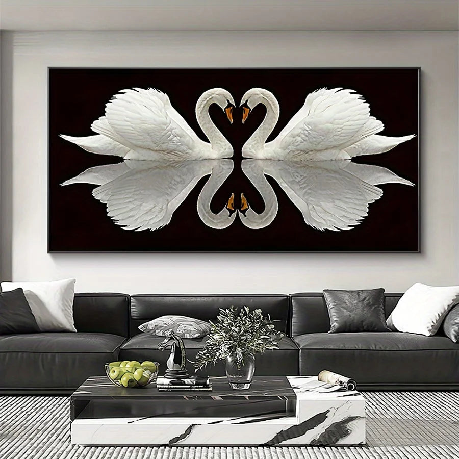 Modern Classic Art Deco Swan Wall Art Unframed Canvas Print with Black Background White Swans, High-Quality Indoor/Outdoor Decor Peaceful Pleasures Health and Wellness ZLH7181 100x200cm No Frame