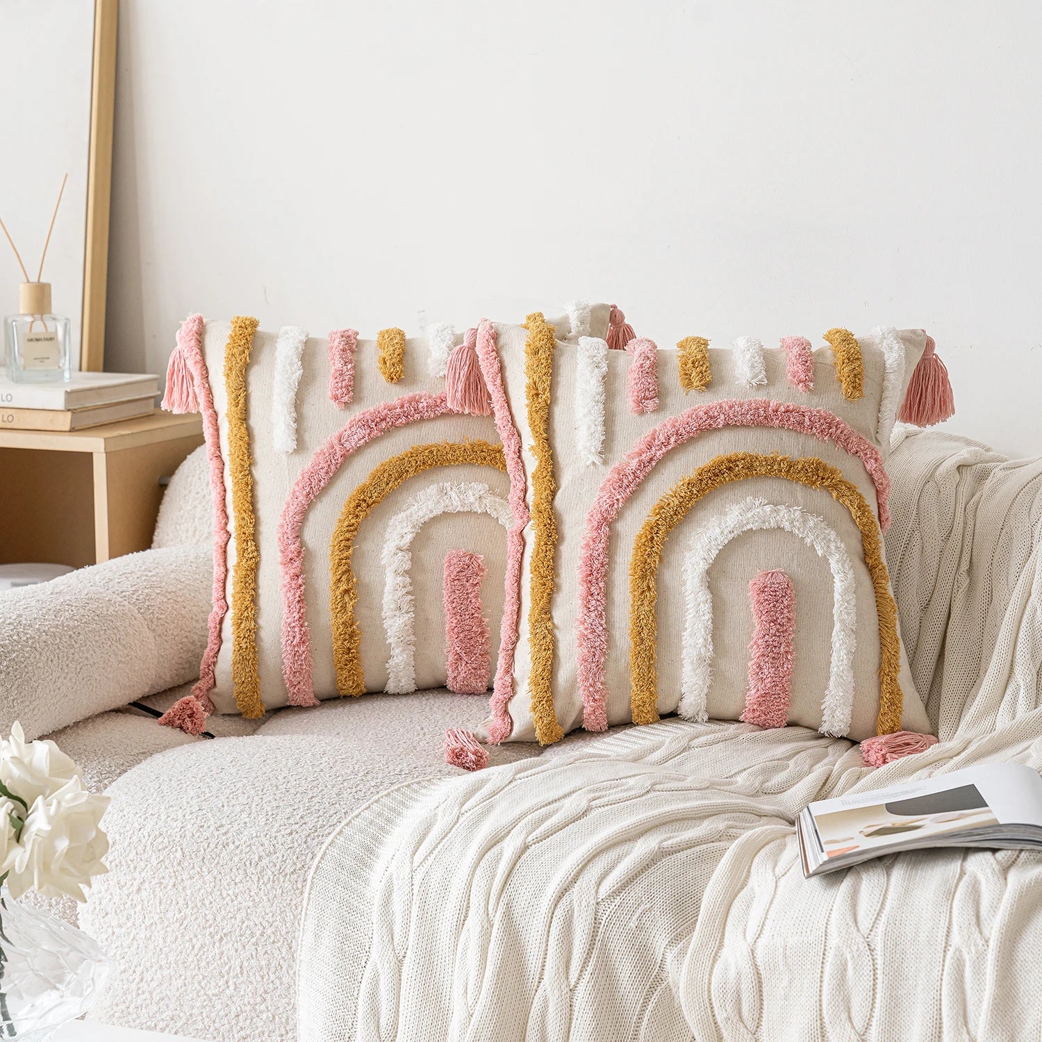 Woven Tufted Decorative Pillow Cover with Tassel Pink Boho Linen Cotton Pillowcase for Bed Living Room Sofa Cushion Home Decor Peaceful Pleasures Health and Wellness
