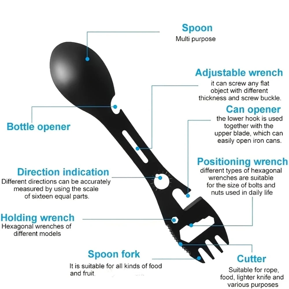 Multi-Function Fork Spoon,5-in-1 Multifunctional Spork Combo, Fork, Knife Bottle Opener, Multi Flatware for Camping, Hiking Peaceful Pleasures Health and Wellness