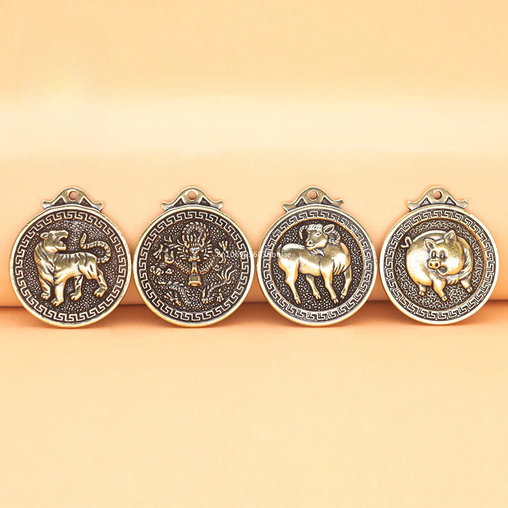 Brass Chinese Zodiac Keychain Pendant | Retro Lucky Coin Gift