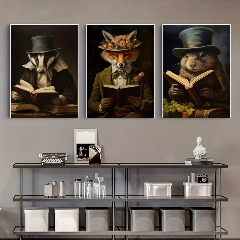 3-Piece Gentleman Animals Reading Canvas Wall Art Print Set Canvas Wall Art Set Peaceful Pleasures Health and Wellness