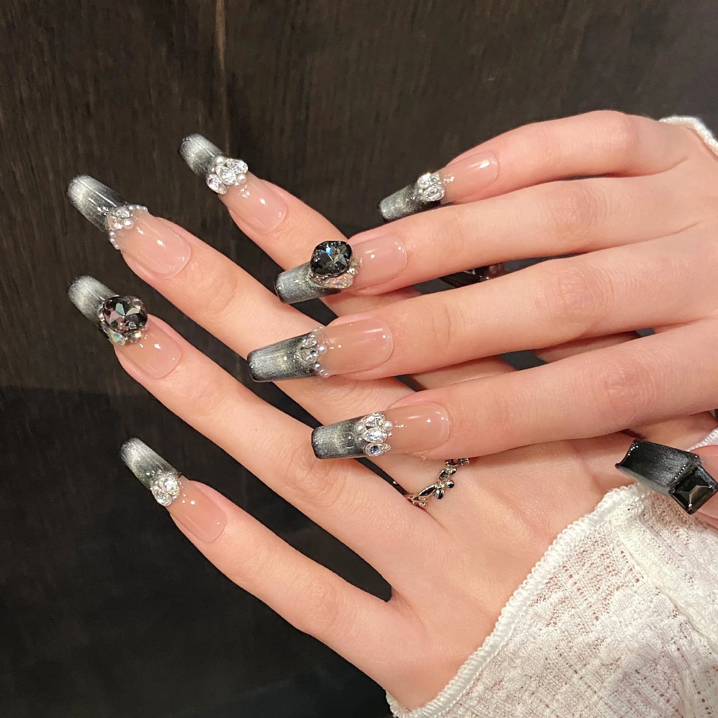 Black Cat Eye Press On Nails – Glitter Crystal Long Nail Tips