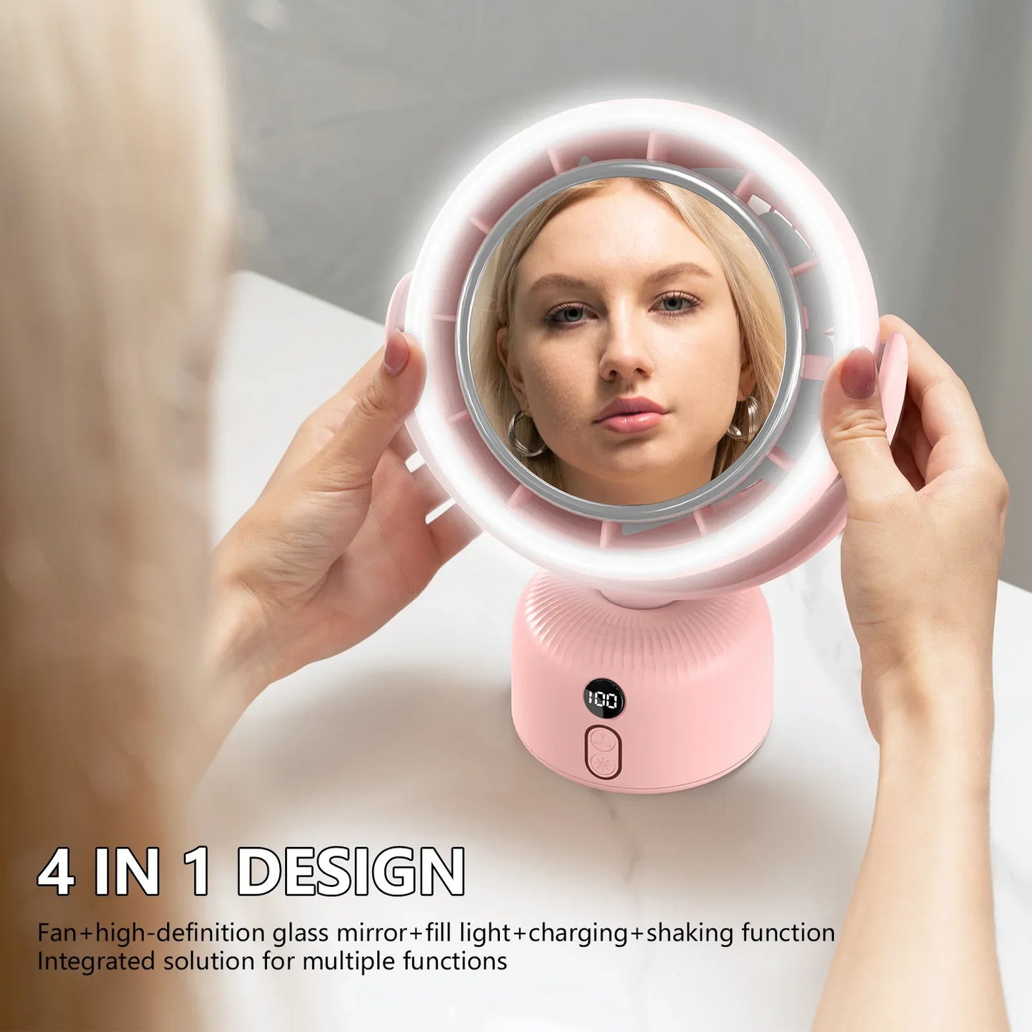 Cosmetic Mirror Bladeless Fan with LED Light – Portable Rechargeable
